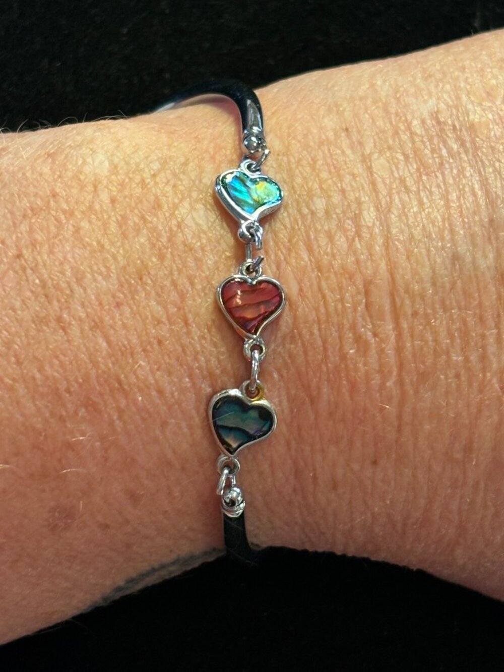 Vintage Silver Tone Abalone Shell Heart Link Curved Metal Bar Bracelet